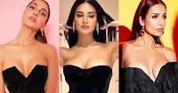 bollywood actresses off shoulder black dress cleavage