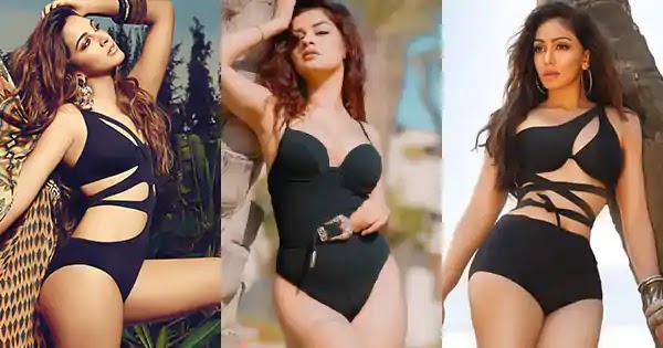 bollywood actress in black monokini swimsuit sexy body