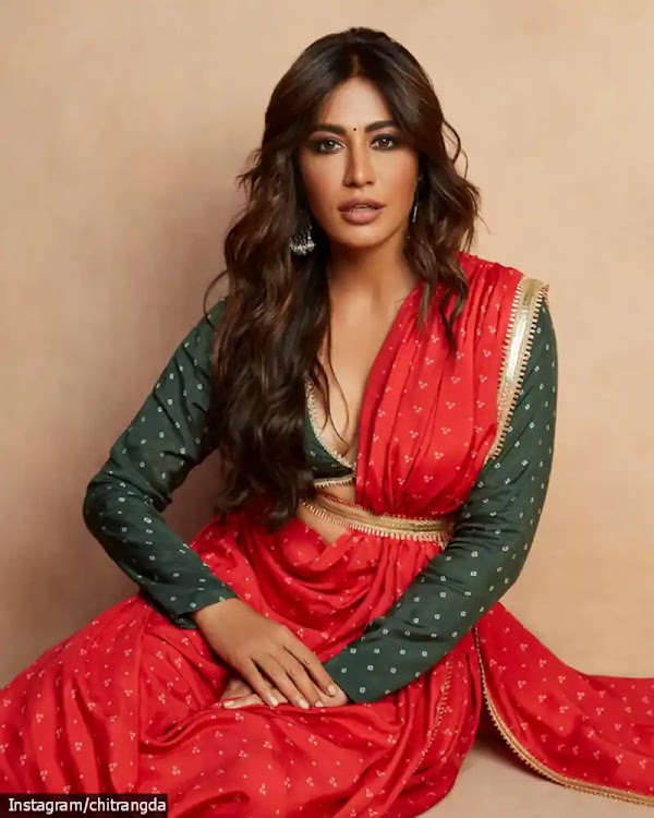 chitrangda singh cleavage red saree deep neckline blouse