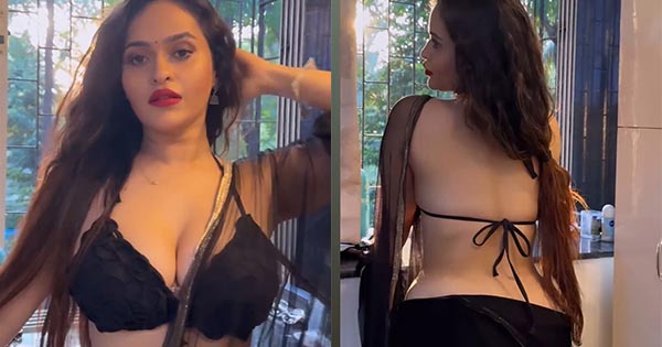 Prajakta Dussane puts on a busty display in tiny string blouse with sheer black saree – see now.