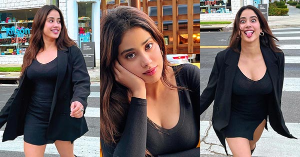 Janhvi Kapoor flaunts her curvy body in a short black dress.