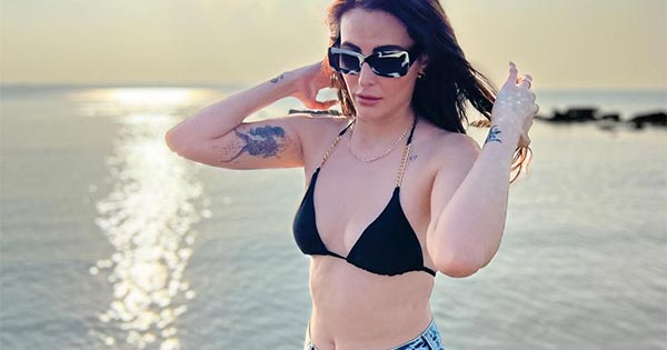 Mandana Karimi black bikini top shorts