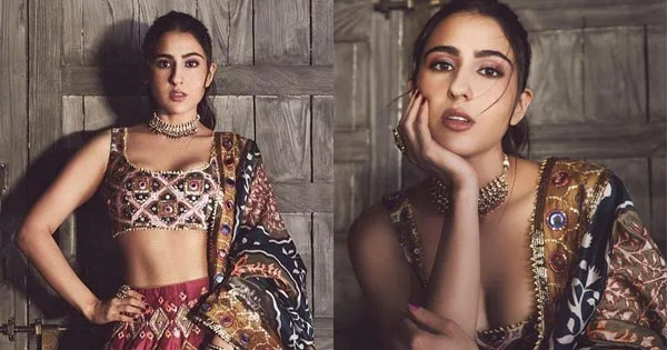 Sara Ali Khan in this cleavage baring tiny blouse with high waist lehanga raises heat.