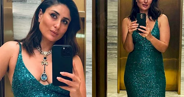 Kareena Kapoor in cleavage baring green shimmery gown turned heads at Vogue Ball Of Arabia event.