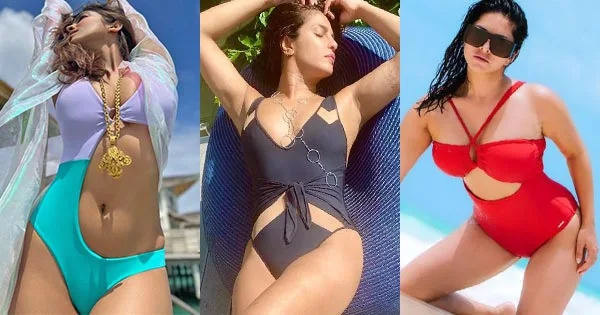 9 hot Bollywood actresses in stylish cutout monokini/swimsuit.