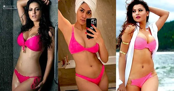 21 hot Bollywood actresses in pink bikini looking too hot to handle.