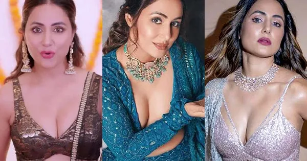 7 times Hina Khan flaunted ample cleavage in deep neckline blouses with sarees and lehangas.