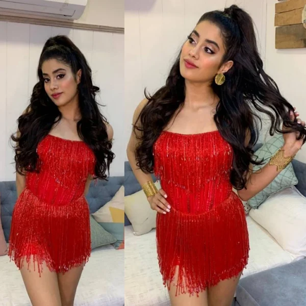 janhvi kapoor short red dress high ponytail