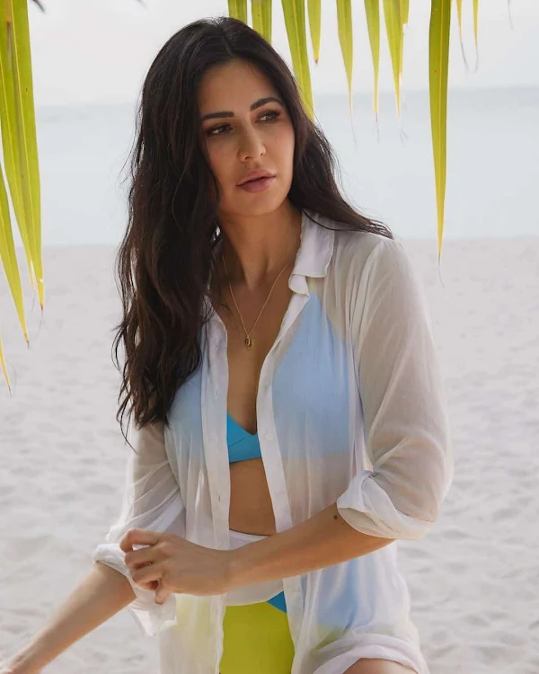 katrina kaif unbuttoned sheer white shirt bikini