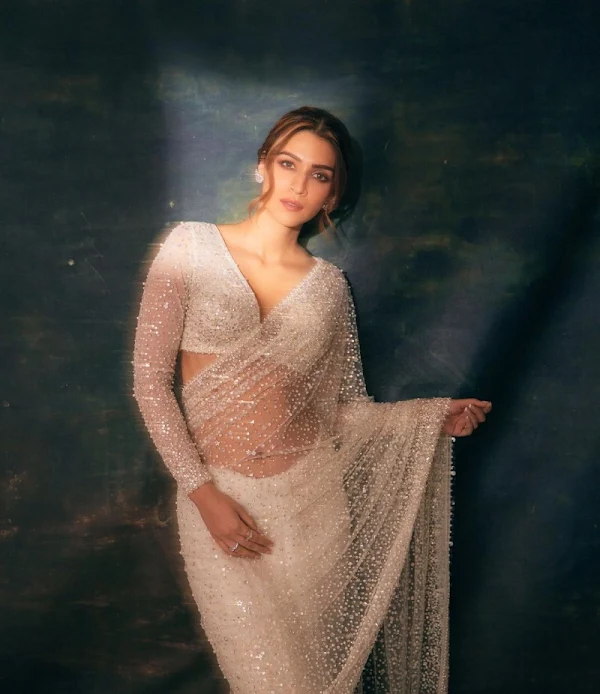 kriti sanon sheer white saree hot bollywood actress