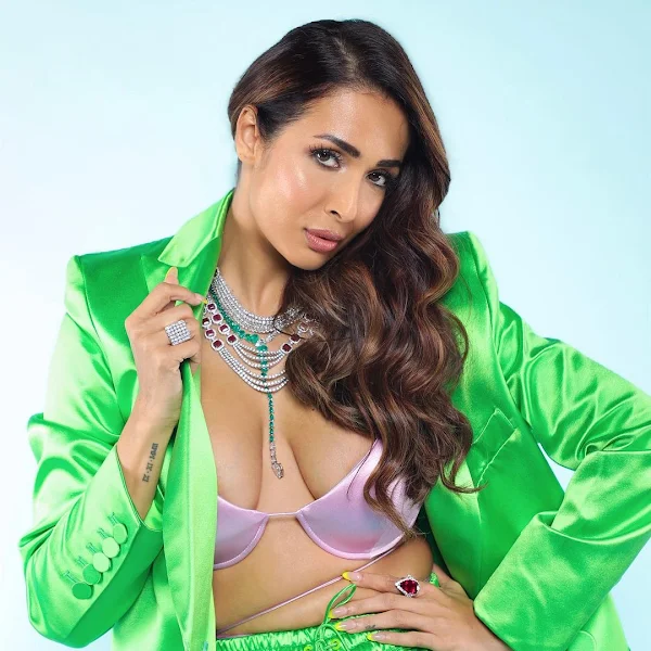 malaika arora cleavage green pantsuit bra