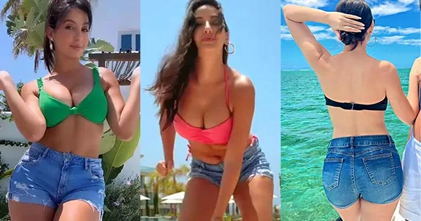 nora fatehi shorts bikini top cleavage backless sexy legs