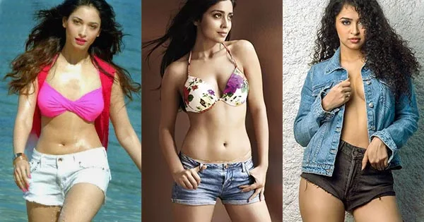 11 South Indian actresses in tiny shorts flaunting sexy legs and fine midriff.