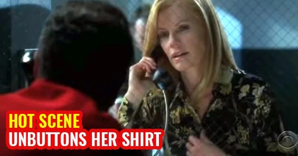 Marg Helgenberger unbuttons her shirt – hot scene from CSI – Crime Scene Investigation.