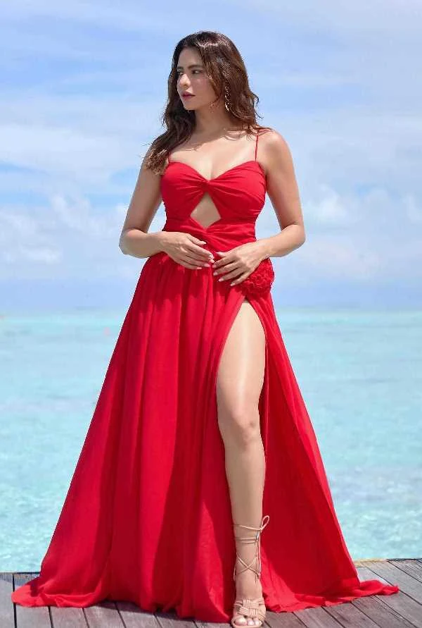 aamna sharif high slit sexy legs red dress