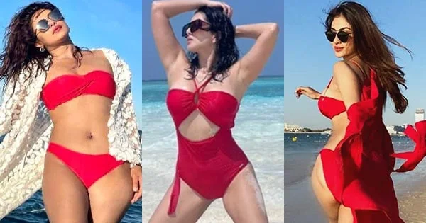 bollywood actress red bikini swimsuit