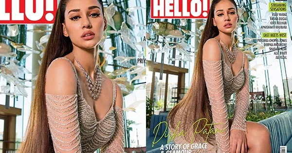 Disha Paani looks sizzling hot in this deep neckline dress for Hello Magazine photoshoot.