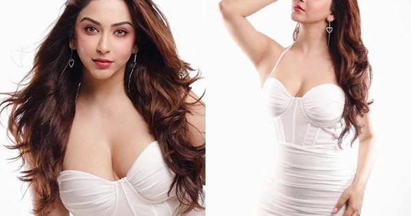 esshanya maheshwari cleavage curvy white bodycon dress