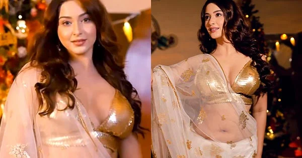 Esshanya Maheshwari in navel baring sheer saree with skimpy golden blouse is too hot hot to handle.