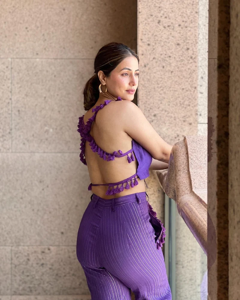 Hina Khan backless purple top pants