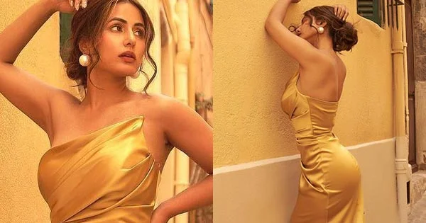 Hina Khan turned heads in this golden high slit gown hugging her sexy body – see now.