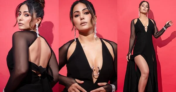 Hina Khan looked too hot to handle in this risky thigh high slit black dress revealing her sexy back and legs.