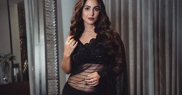 Hina Khan in navel baring sheer black saree looked stunning hot – see photos.