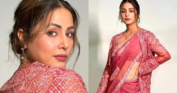 Hina Khan looks breathtaking in this stylish sheer pink saree with a cape – see photos.