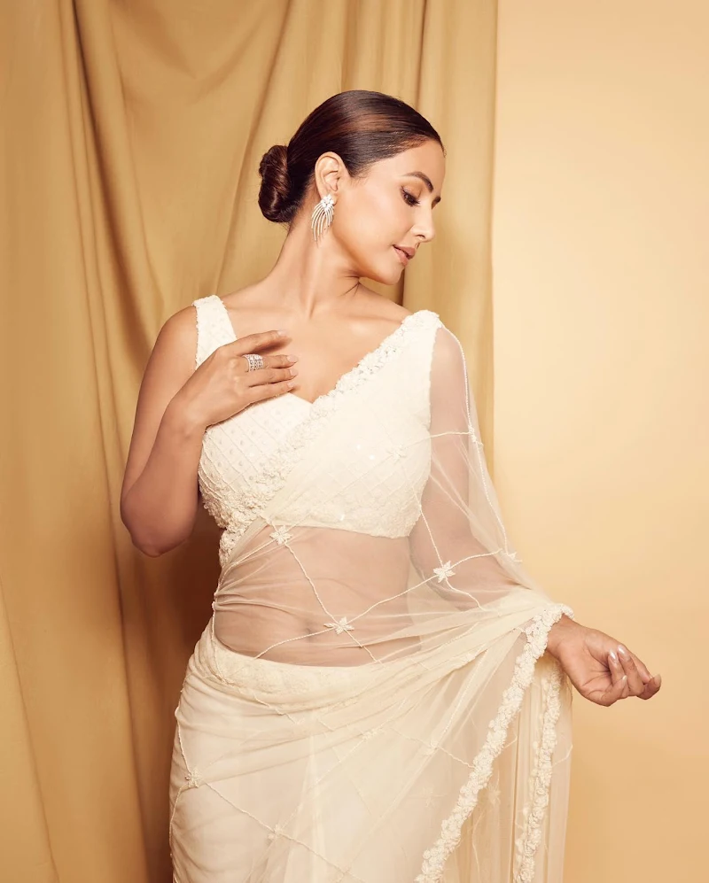 hina khan sheer white saree navel