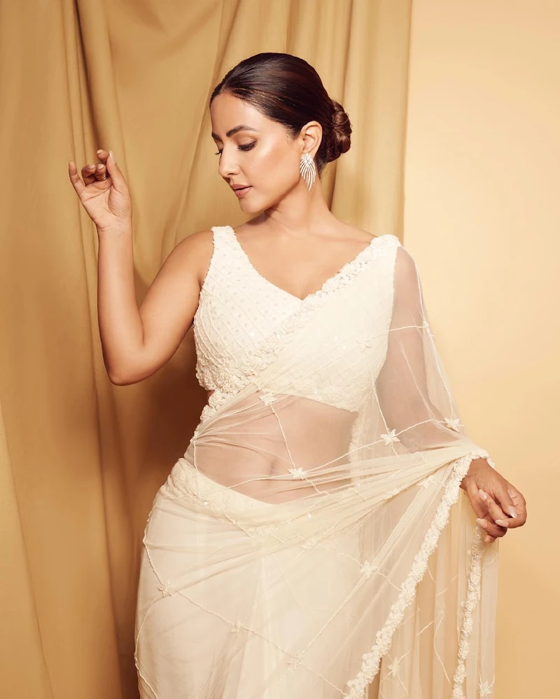 hina khan sheer white saree navel