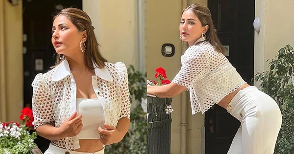 Hina Khan in white crop top and matching pants with tiny jacket shows her style – see photos.