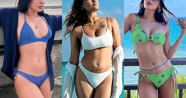 5 Indian actresses in bikini with waist/belly chain.