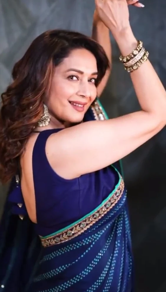 madhuri dixit backless blue saree hot actress