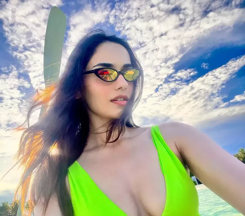 manushi chhillar cleavage neon green bikini hot actress