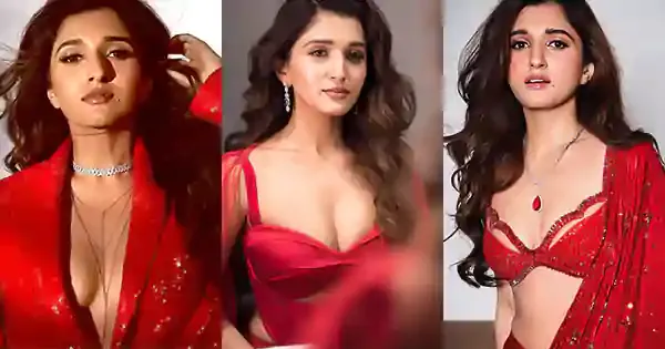 9 best hot looks of Nidhi Shah in red saree, dress and braless pantsuit.