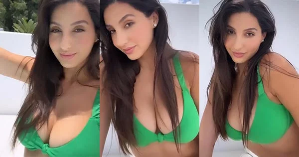 Nora Fatehi showed off ample cleavage in green bikini – see new hot videos.