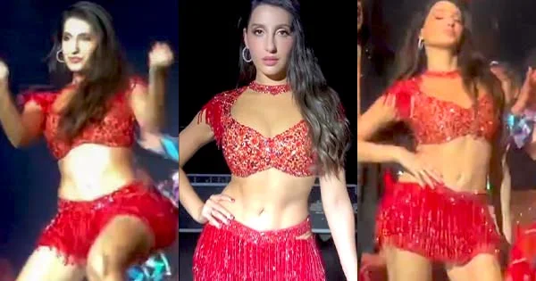 Nora Fatehi in short red skirt and skimpy top sets stage on fire – see photos and videos.