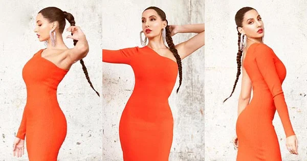 Nora Fatehi in tight fit orange dress with one sleeve raises the heat – see now.