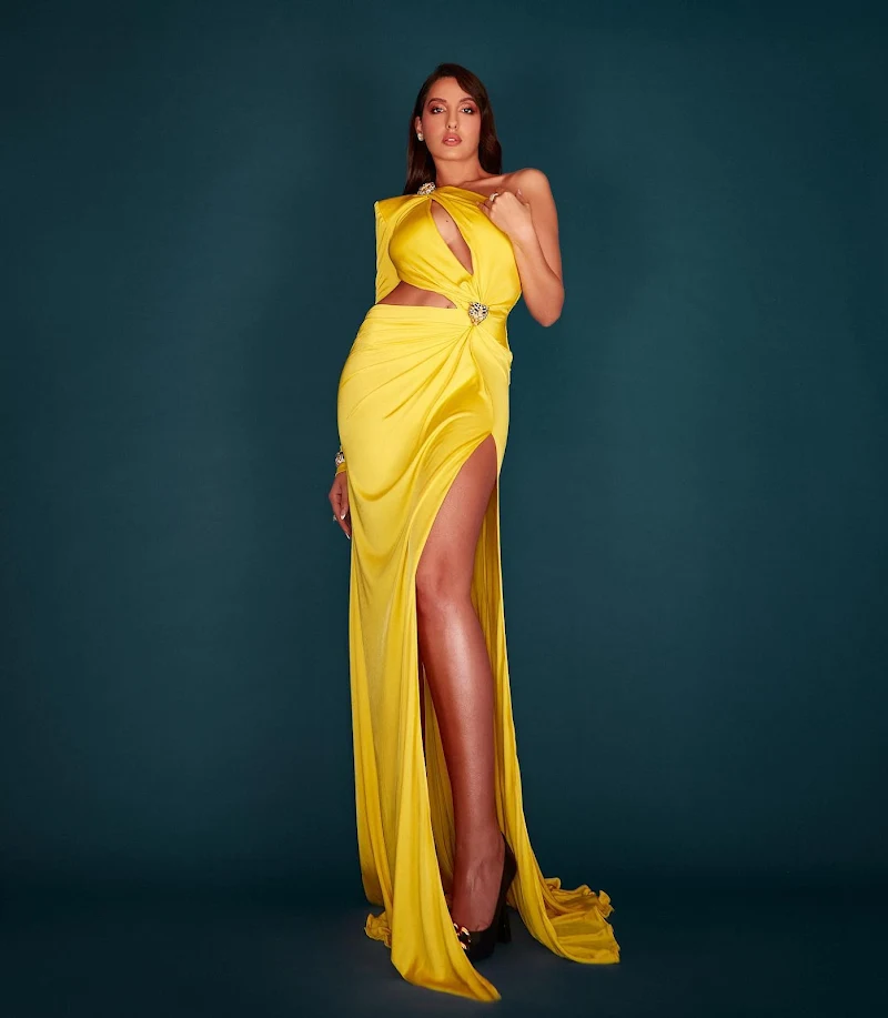 Nora Fatehi yellow dress sexy legs body