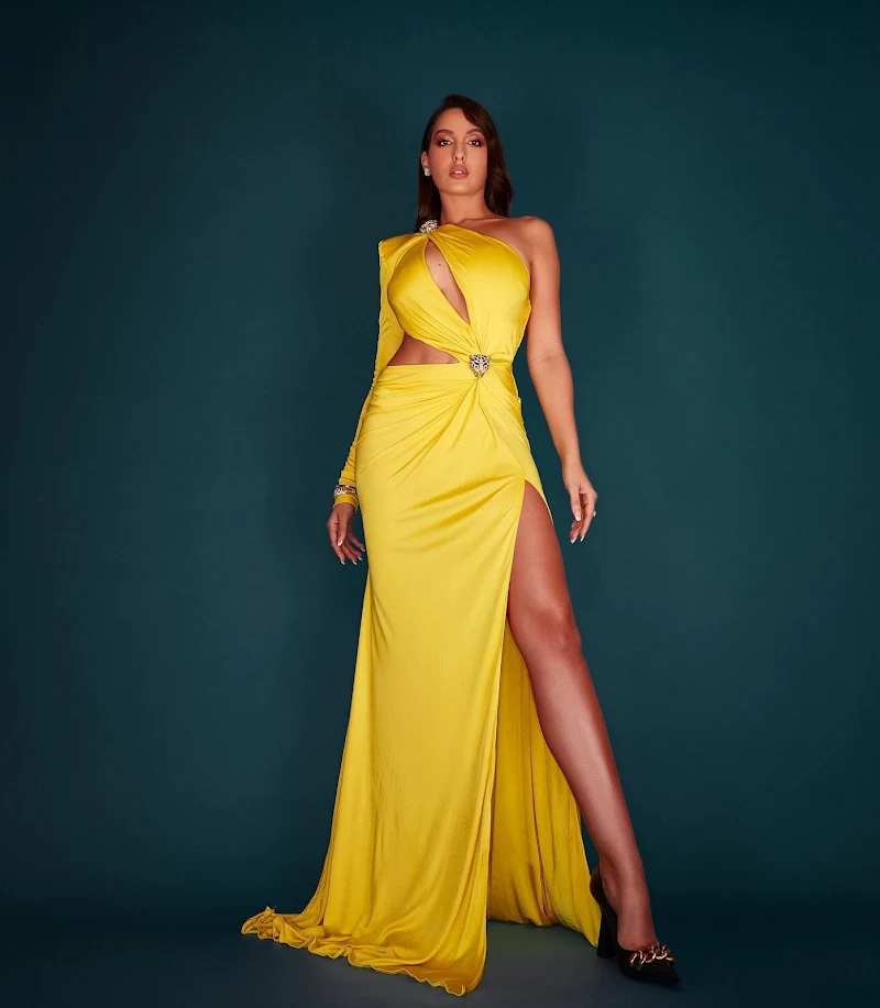 Nora Fatehi yellow dress sexy legs body