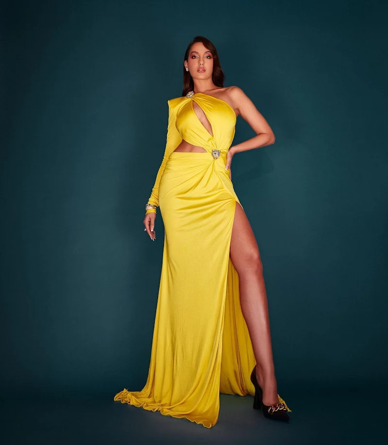 Nora Fatehi yellow dress sexy legs body