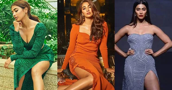 10 hot photos of Pooja Hegde in thigh high slit dresses flaunting her sexy legs.