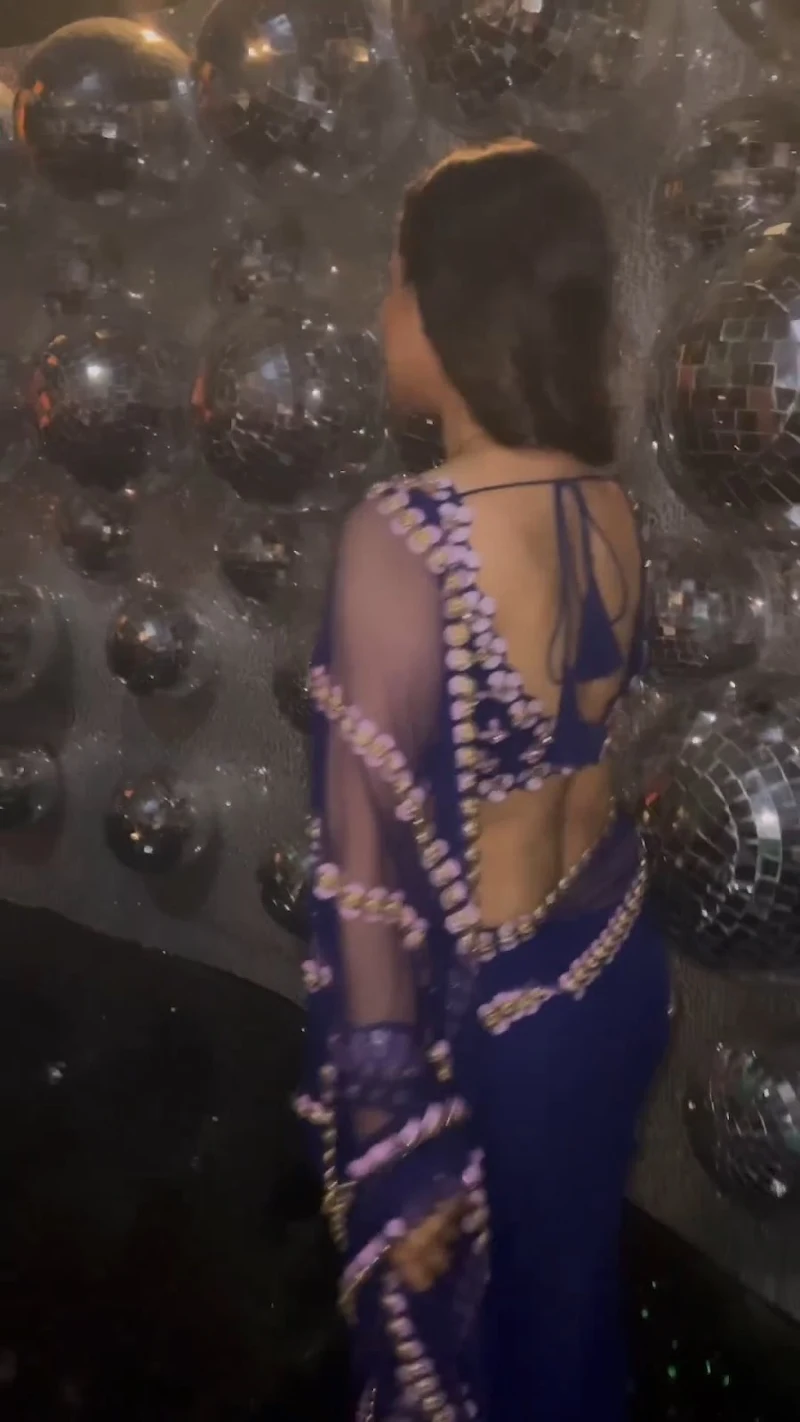 puja banerjee backless sheer blue saree