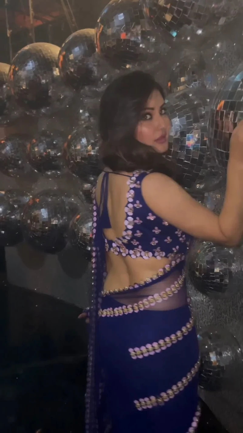 puja banerjee backless sheer blue saree