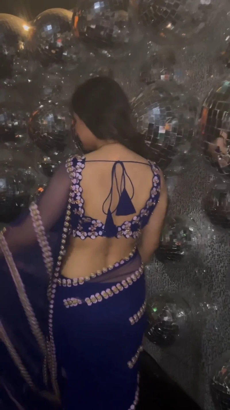 puja banerjee backless sheer blue saree