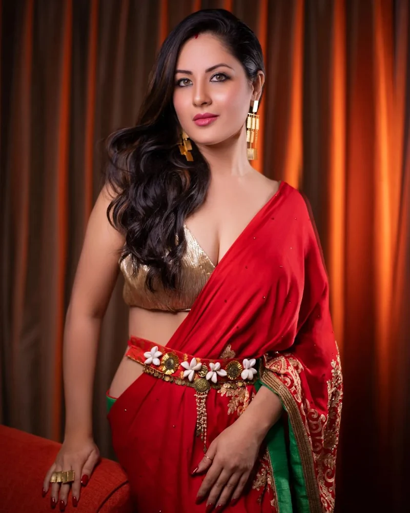 Puja Banerjee cleavage red saree