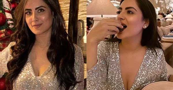 puja banerjee shimmery short dress cleavage