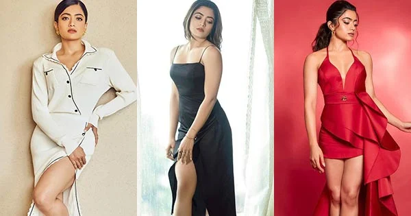 rashmika mandana sexy legs stylish high slit short dress