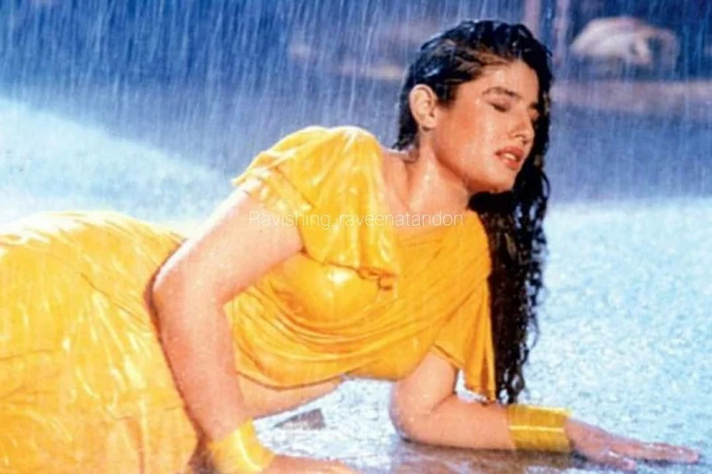 raveena tandon yellow saree tip tip barsa pani bollywood iconic costume look