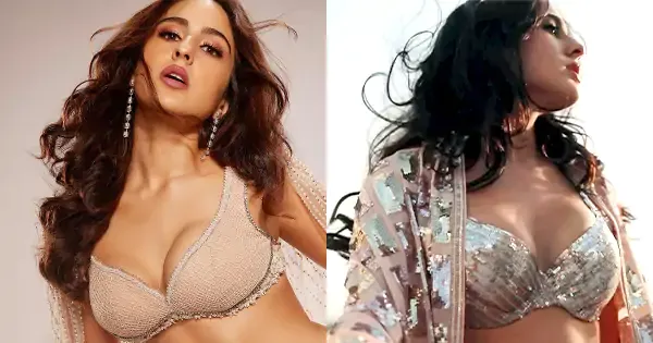 Hot pics of Sara Ali Khan putting on a busty display in deep neckline outfits.